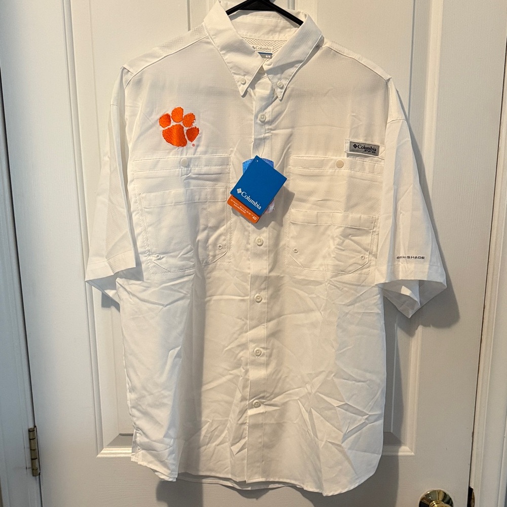 Columbia Men's White Shirt with Orange Emblem